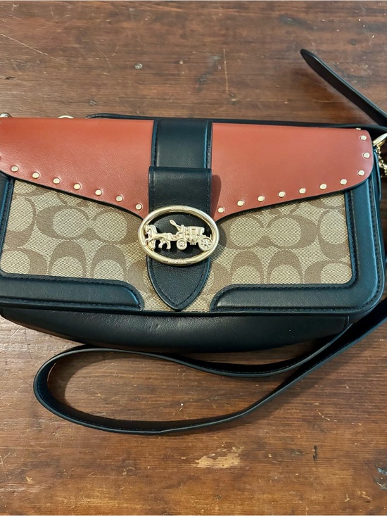 Coach Handbags - Coach Two-Tone Signature Canvas Crossbody in Brown, Black & Tan.